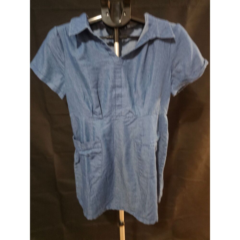 Allegra K Women’s Size M Blue Denim Short Sleeve V-Neck Shirt Dress with Pockets